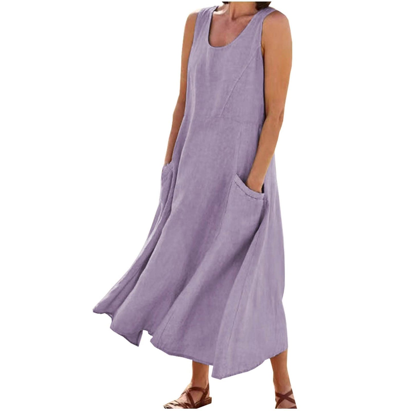 SMIDOW Cotton Dresses for Women Casual Summer 2024 Solid Beach Flowy Tshirt Sundress Sleeveless Tank Long Dress with Pockets