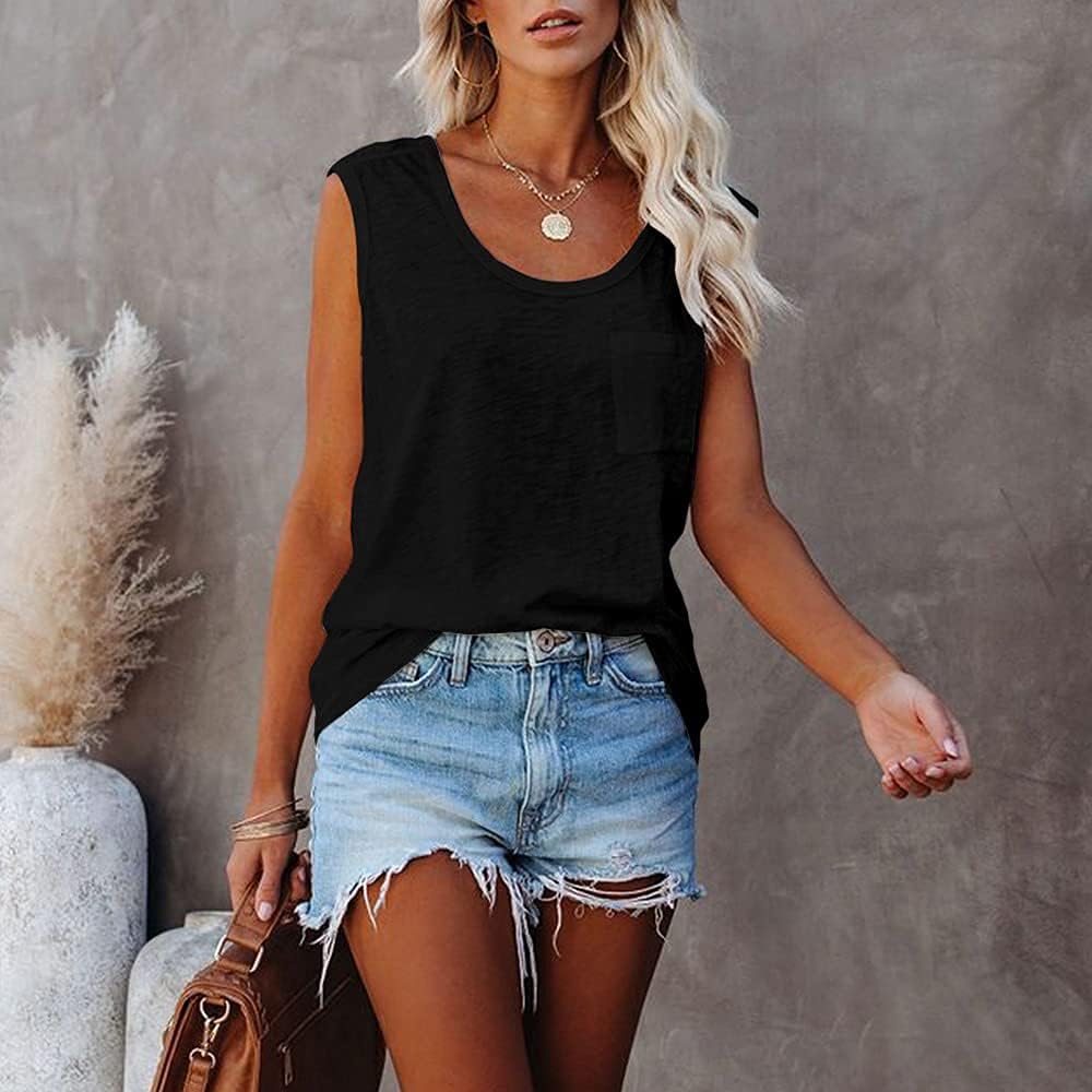 YEXIPO Womens Summer Tank Tops Sleeveless Scoop Neck Loose Fit Cotton Workout Tank Tops with Pocket