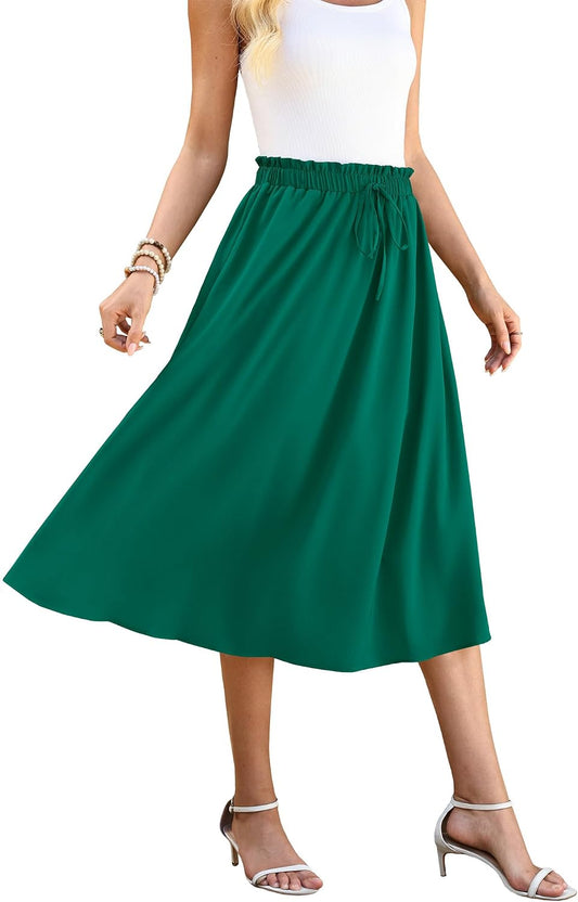 WEACZZY Women's Flowy Midi Skirt Drawstring Elastic A-Line Pleated Design | Two Side Pockets, High-Waist, Lightweight Stretch Polyester, Breathable Comfortable, Casual Beach, Work & Party Summer Skirt