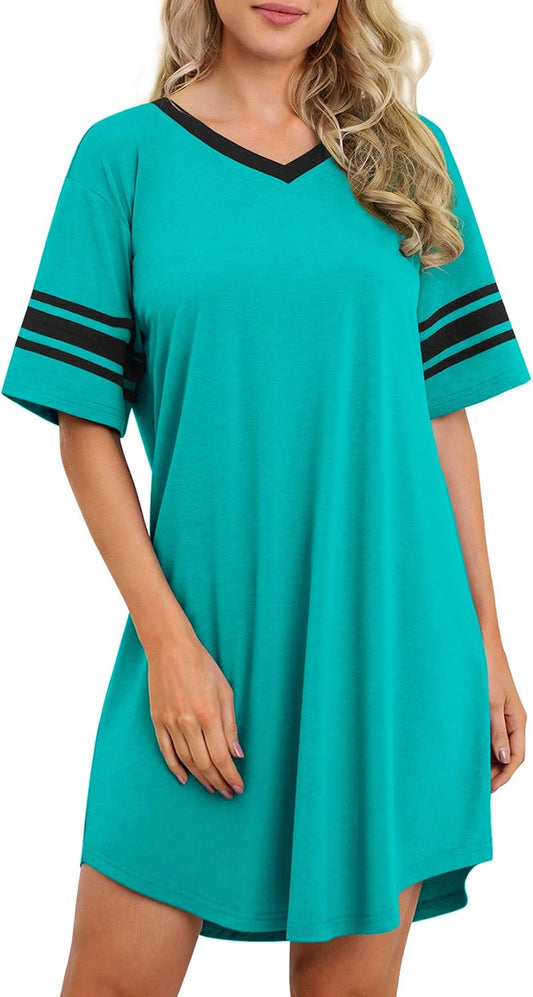 WEACZZY Women's Sleep Shirt Short Sleeve Nightgown Loose Fit Breathable | Crew Neck, Soft Polyester Blend Sleepwear, Solid Colors Floral Prints, Pajama Dress, Loungewear, House Casual Daily Wear