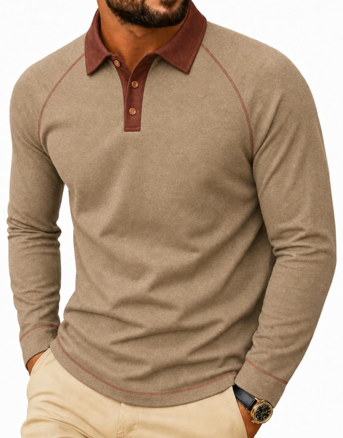 Sailwind Mens Long Sleeve Polo Shirts Fashion Casual Raglan Button Polo Tee Collared Golf Shirt