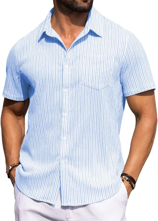 Sailwind Men's Casual Button Down Shirts Short Sleeve Striped Beach Summer Vacation Shirt with Pocket