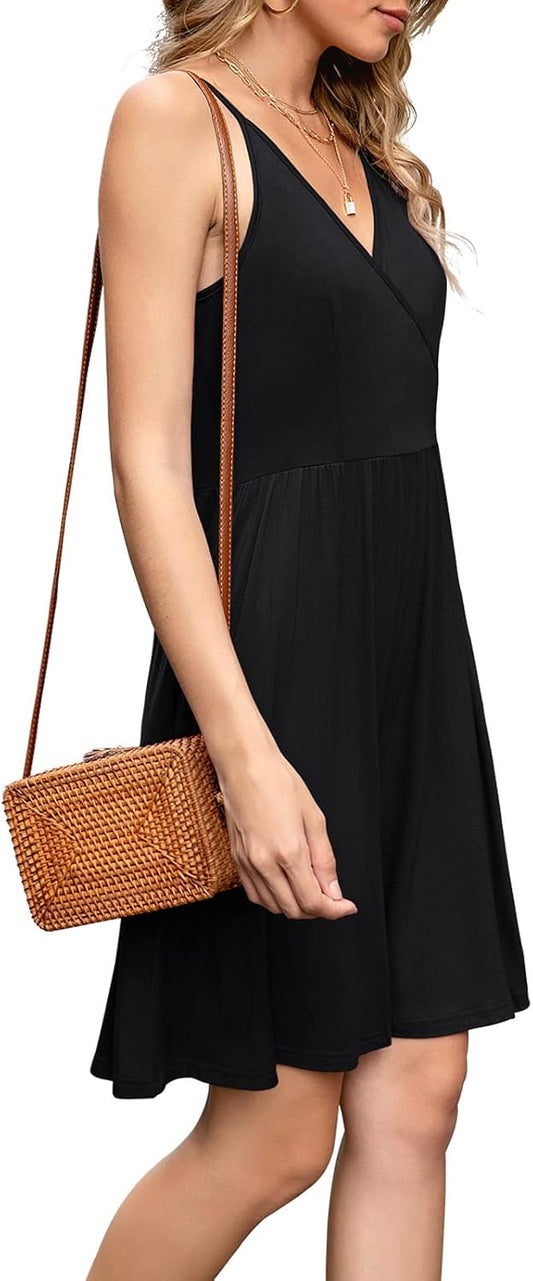 WEACZZY Women's 2026 Summer Dresses V Neck Spaghetti Strap Sundress Casual Beach Flowy Mini Dress with Pockets