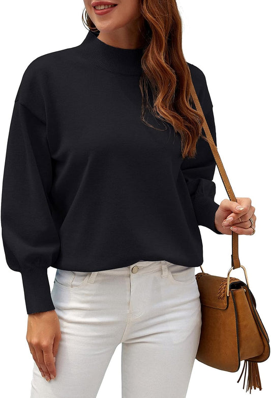 WEACZZY Women's 2026 Fall Fashion Casual Sweaters Mock Neck Long Lantern Sleeve Lightweight Knit Pullover Sweater Tops