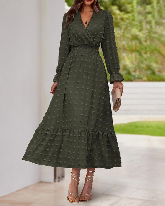 BTFBM Women Fall Maxi Dresses 2026 Long Sleeve V Neck Swiss Dots High Waisted A-Line Ruffle Boho Long Dress Vacation
