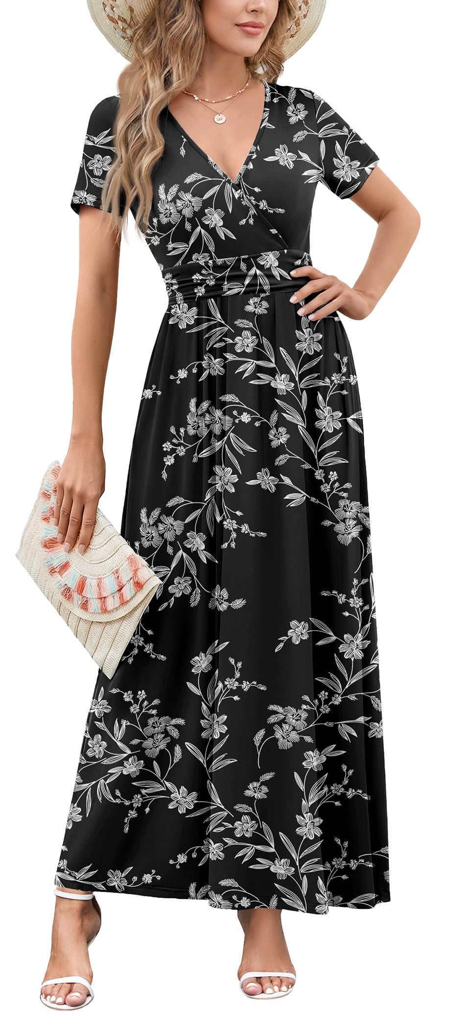 WEACZZY 2026 Summer Long Dresses for Women Wrap Empire Pleated Waist V Neck Short Sleeve Elegant Maxi Dress with Pockets