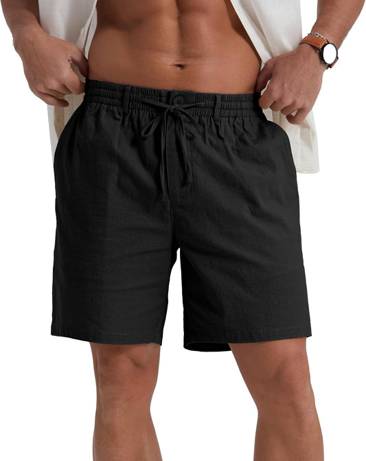Sailwind Men's Linen Casual Shorts Elastic Waist Drawstring Summer Beach Shorts with Pockets Black