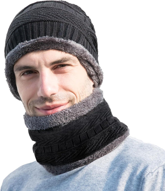 PFFY Warm Beanie Hat Scarf Set Knit Hats Thick Fleece Lined Winter Cap Neck Warmer for Men Women