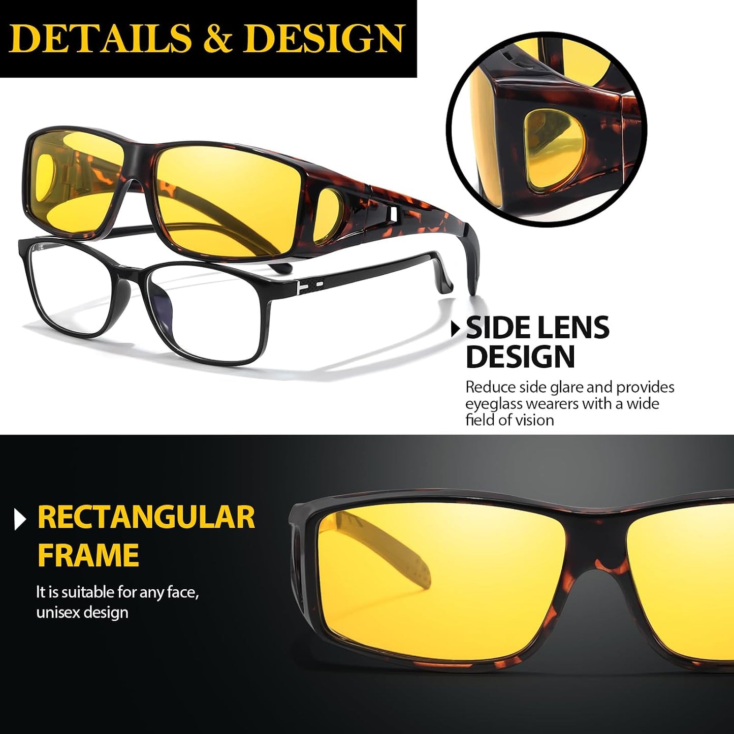 TJUTR Night Vision Driving Glasses Fit Over Eyeglasses for Men Women, Anti-Glare Polarized UV400 Protection Yellow Lens 2612R