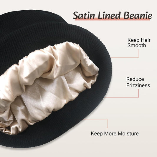 PFFY Satin Lined Beanie for Women Silk Lining Soft Winter Hats Reduce Frizz Knit Beanies Warm Skull Cap