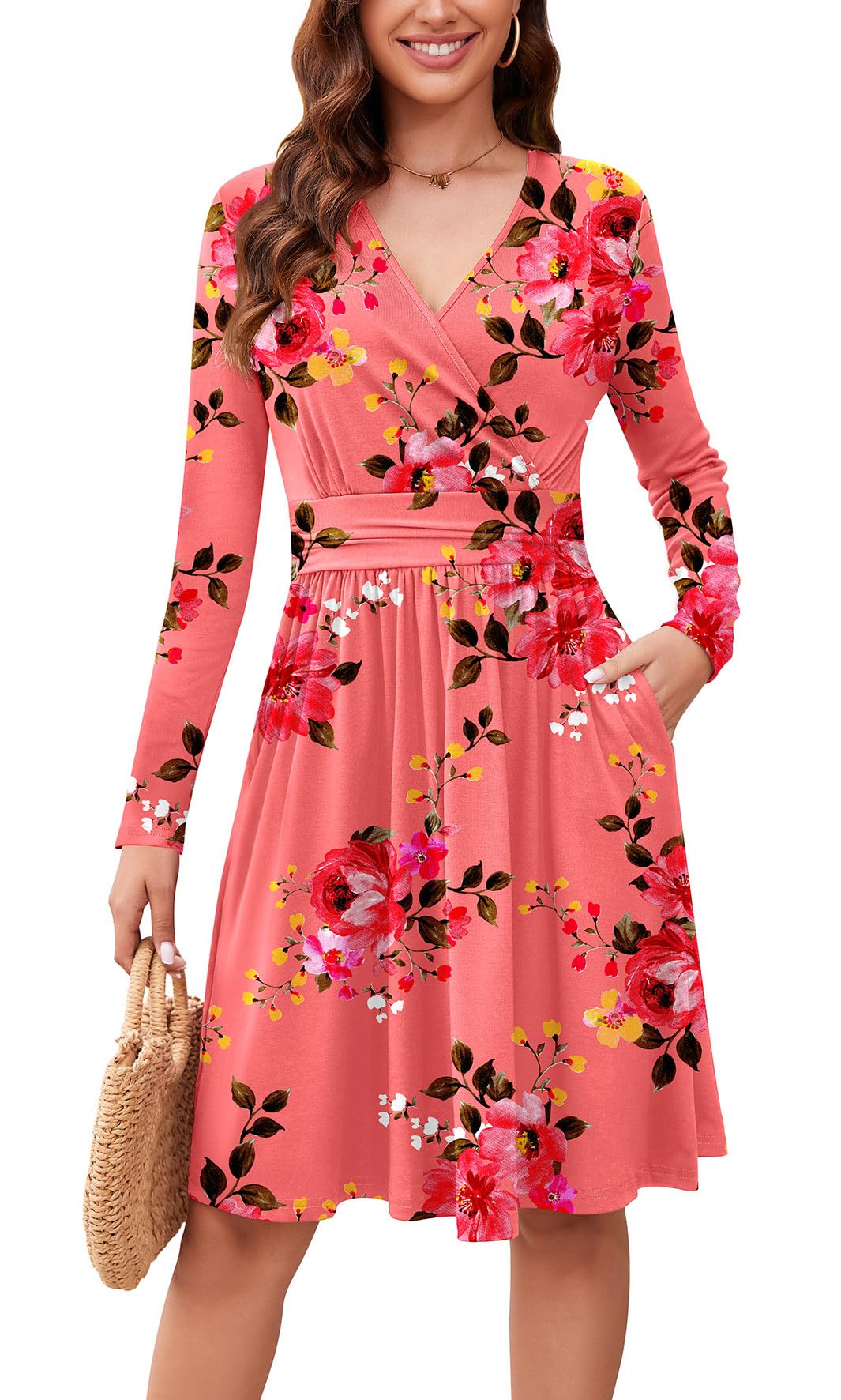 WEACZZY Women's Long Sleeve Casual Fall Dresses V-Neck Swing Floral Party Dress with Pockets 2026