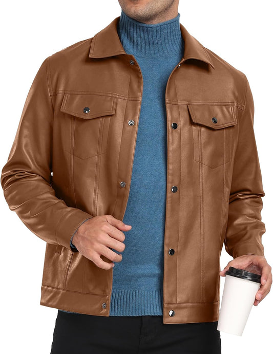 Sailwind Men's Leather Jacket Lapel Collar Motorcycle Coat Snap Button Faux Leather Bomber Jackets