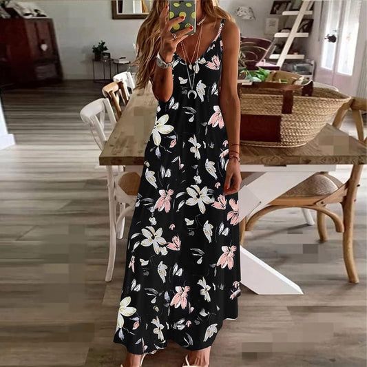 Ceboyel Women Floral Spaghetti Strap Sundress Casual Summer Long Maxi Dress Vneck Sexy Boho Dresses Trendy Beach Clothes
