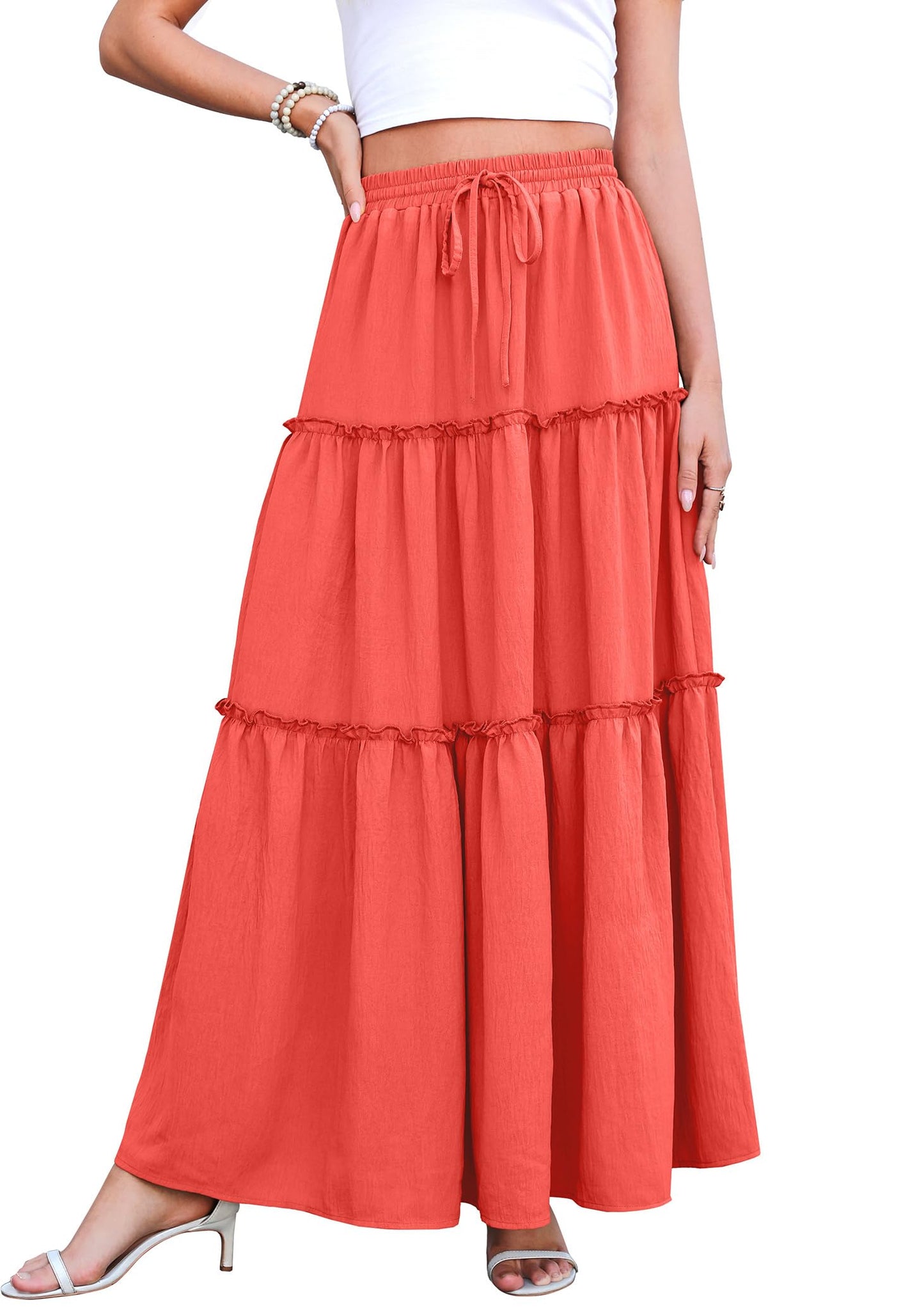 WEACZZY Womens Casual High Waisted Maxi Skirts with Pockets Flowy Boho Tiered Pleated Skirt for Spring Summer Travel Vacation