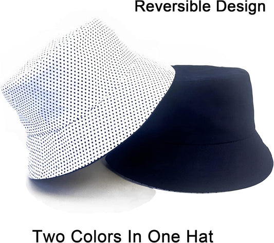 PFFY Reversible Bucket Hat for Women Men Summer Cotton Fishing Sun Beach Cap Blue/Dot