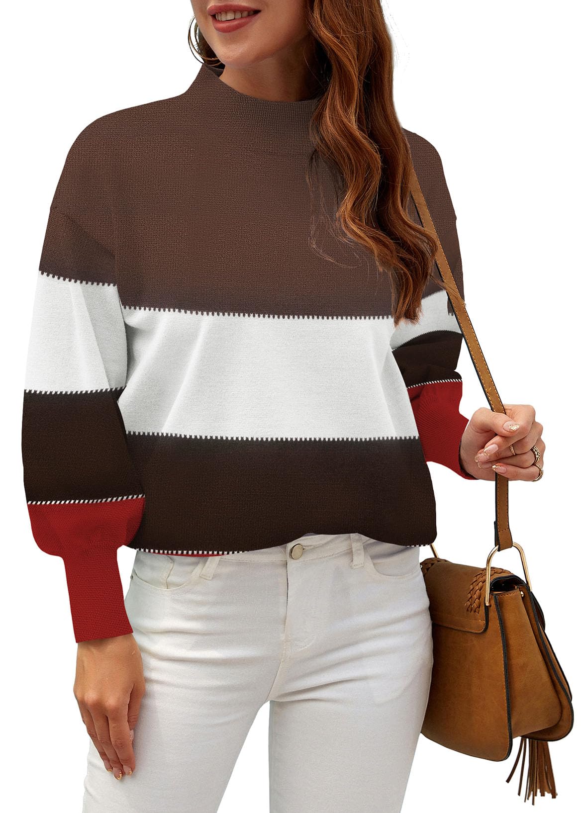 WEACZZY Women's 2026 Fall Fashion Casual Sweaters Mock Neck Long Lantern Sleeve Lightweight Knit Pullover Sweater Tops