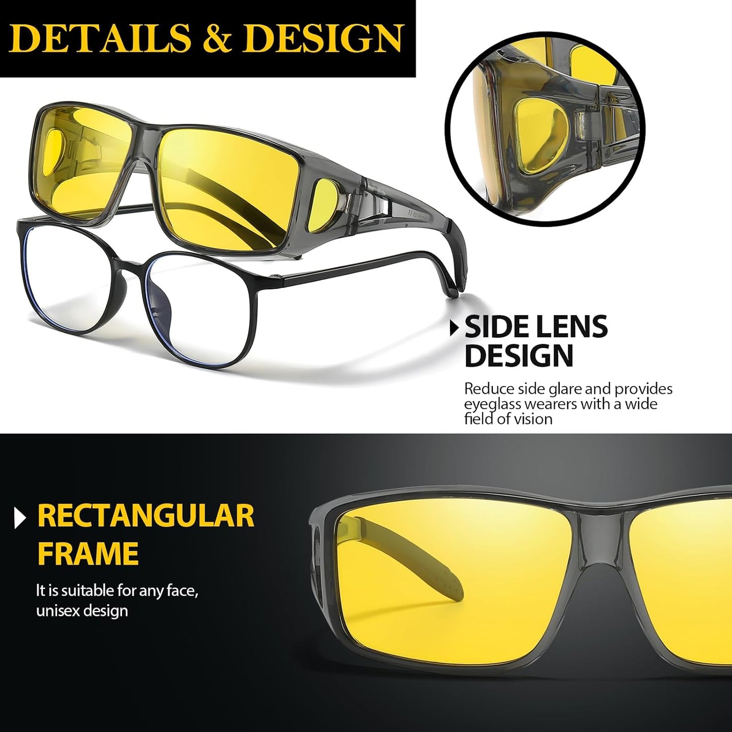 TJUTR Night Vision Driving Glasses Fit Over Eyeglasses for Men Women, Anti-Glare Polarized UV400 Protection Yellow Lens 2612R