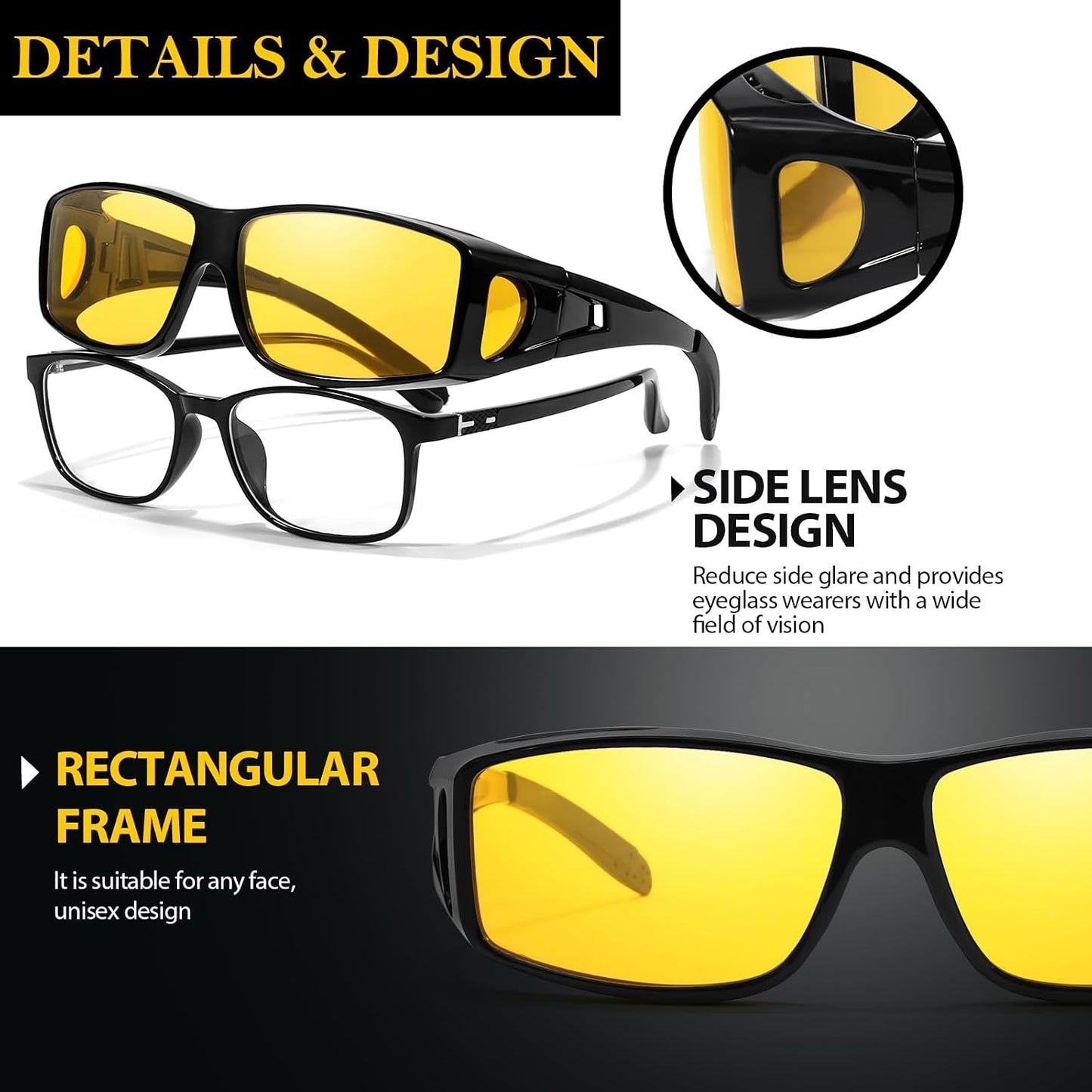 TJUTR Night Vision Driving Glasses Fit Over Eyeglasses for Men Women, Anti-Glare Polarized UV400 Protection Yellow Lens 2612R