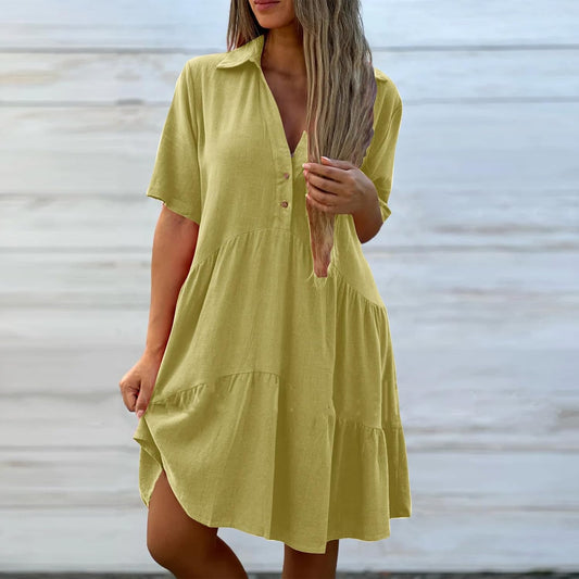 Women's Pleated Flowy T Shirt Dresses Plus Size V Neck Button Up Short Sleeve Midi Dress Loose Fit Tiered Sundress