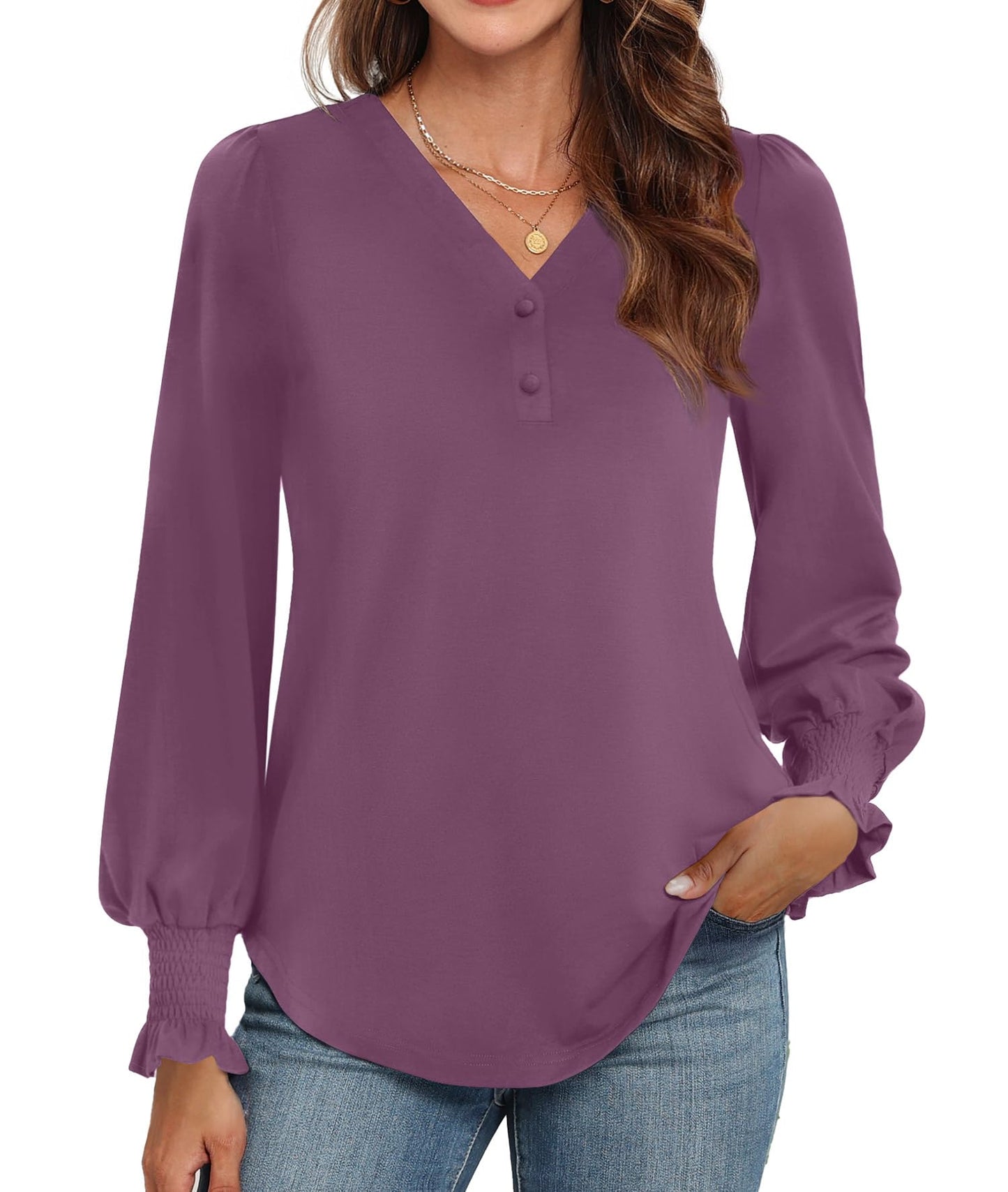 WEACZZY Womens Tops Long Sleeve Fall Shirts for Women Dressy Casual Button V Neck Tunic Blouse Ruffle Cuffs T-Shirts 2026