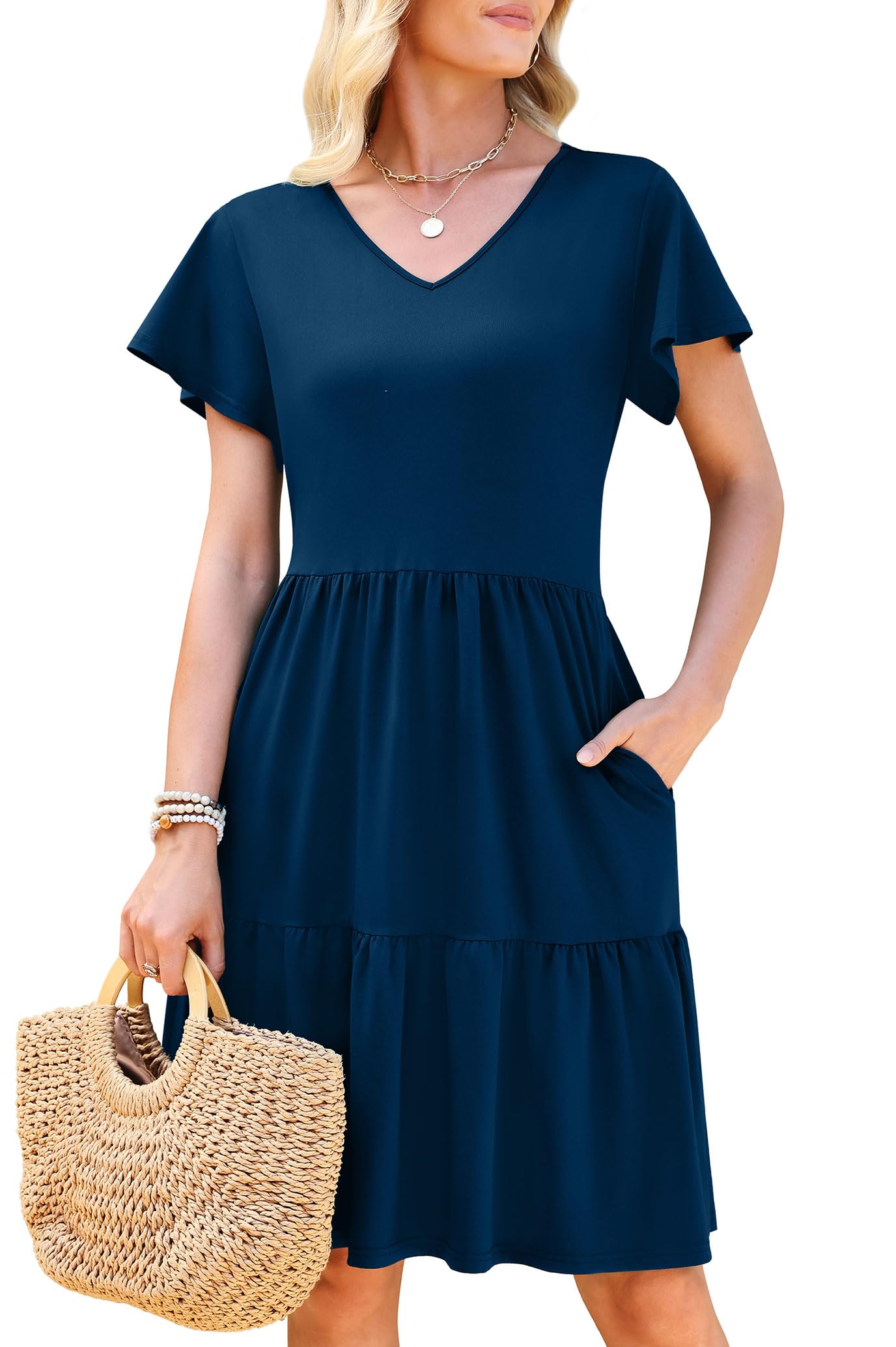 WEACZZY Womens Casual Summer Dress V Neck Ruffle Sleeve A Line Dresses Flowy with Pockets 2026