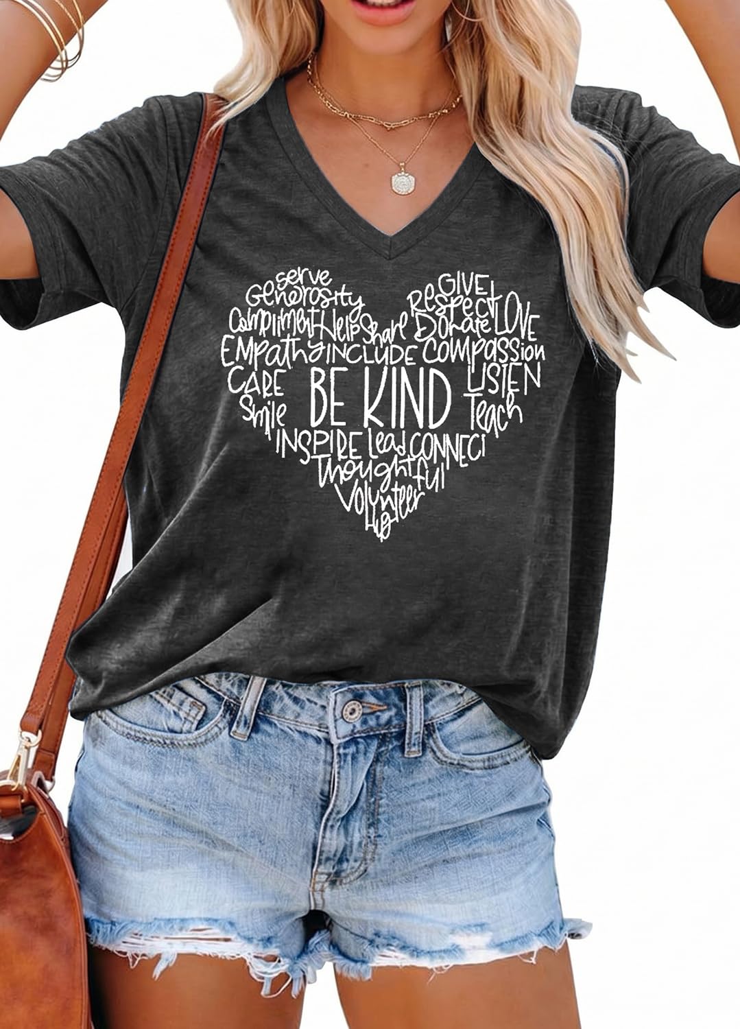 YEXIPO Womens Graphic Tees V-Neck T Shirts Spring Short Sleeve Funny Letter Print Casual Loose Cute Summer Tops