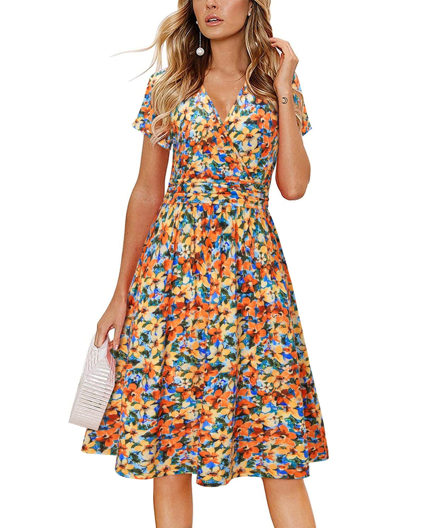 Newshows Womens Summer Short Sleeve Casual Dresses V Neck Floral Vacation Sundress Faux Wrap Midi Dress with Pockets