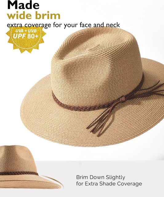 FURTALK Womens Wide Brim Sun Hat Beach Panama Fedora Straw Summer | Packable for Travel, Braided Strap Decor, Adjustable Chin Cord, Breathable Sweatband, Ideal for Summer Vacations