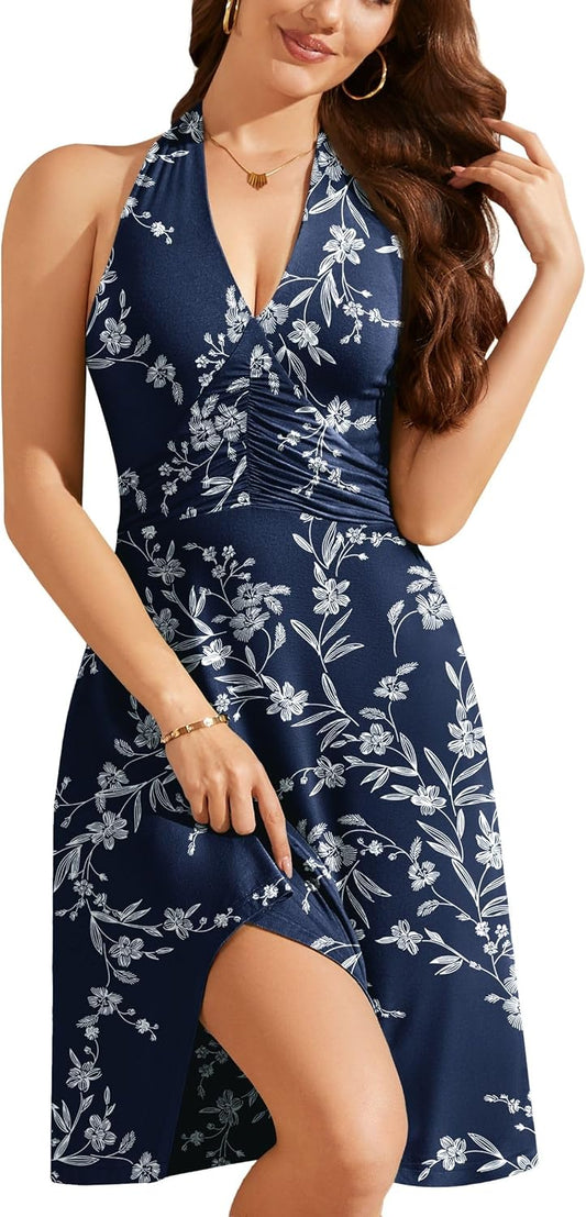 WEACZZY Summer Dresses for Women 2026 Beach Mini Swing Dress Halter V Neck Sleeveless Backless Sundresses with Pockets