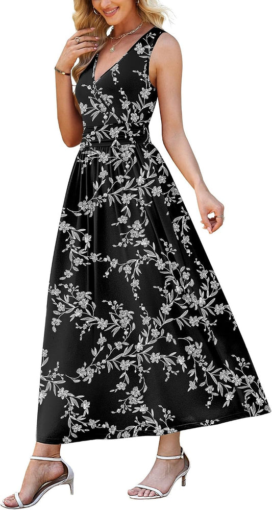 WEACZZY Women's Maxi Dress Sleeveless V Neck Sundress Cocktail Long Dresses with Pockets