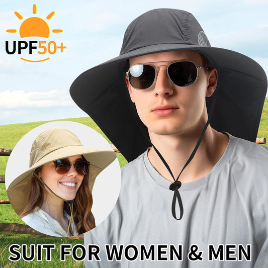 PFFY Sun Bucket Hats for Men Women UV Protection Wide Brim Hiking Fishing Garden Beach Sun Hat with Neck Flap