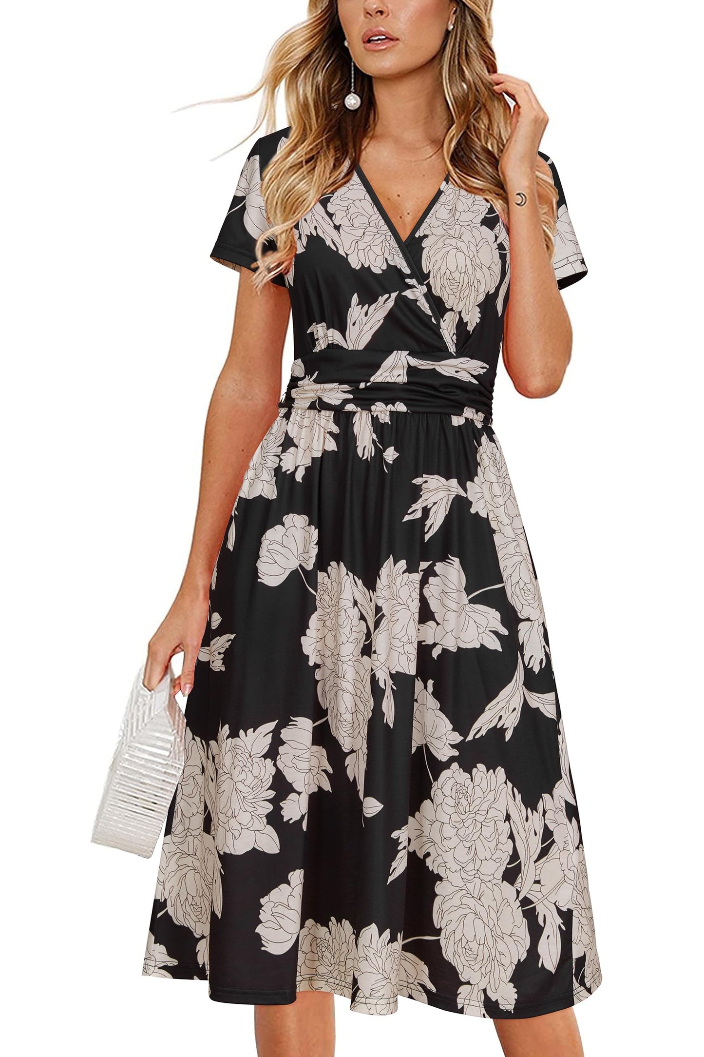 OUGES Casual Summer Dress for Women Wrap V Neck A Line Midi Dresses with Pockets