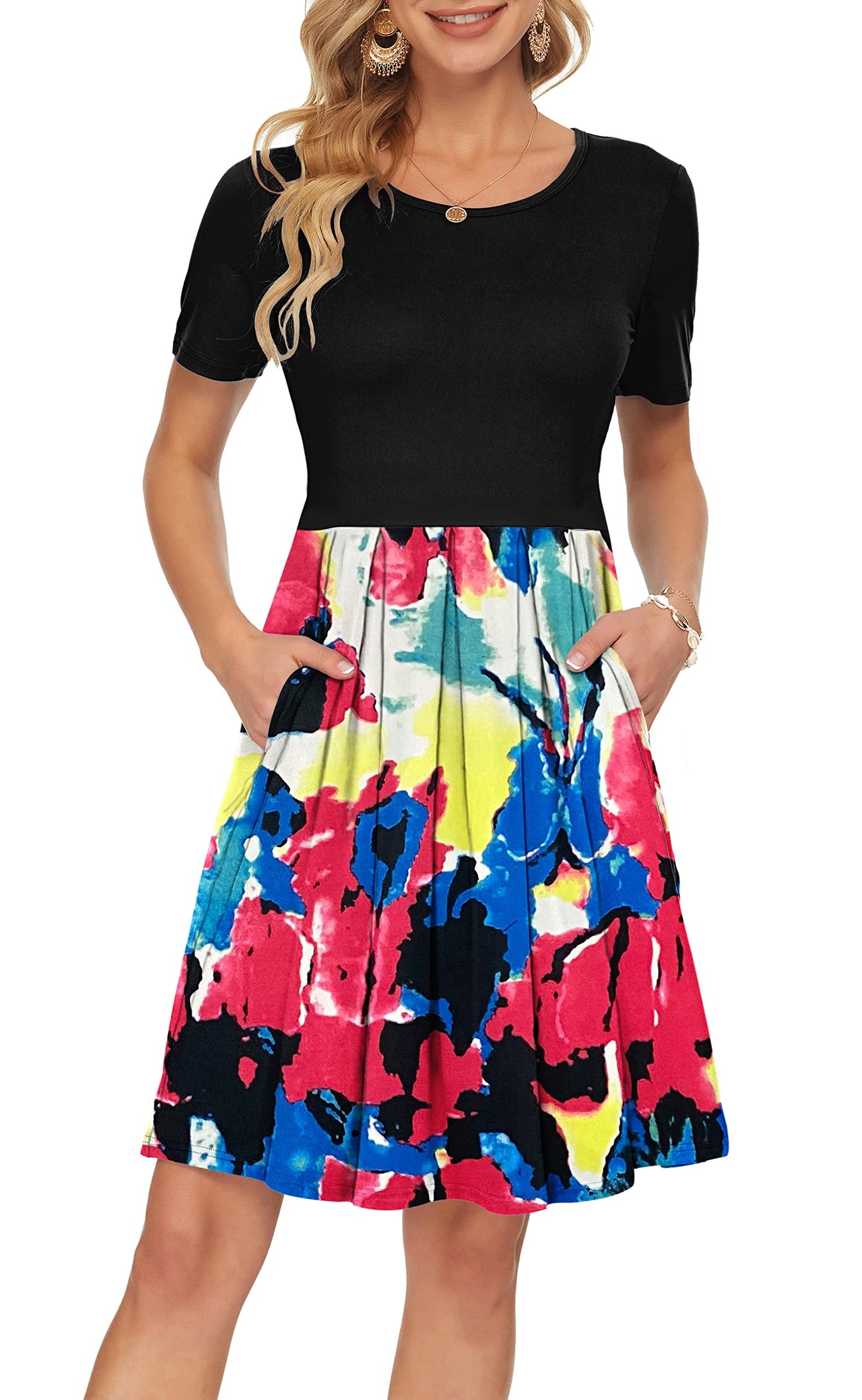AUSELILY Women's Short Sleeve Summer Dress Pleated Loose Swing Knee Length Dresses with Pockets 2026 New