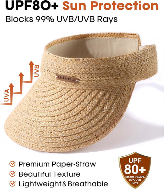 FURTALK Sun Visor Hats for Women Wide Brim Straw Visors Womens Foldable Beach Visors Summer Packable Ponytail Beach Hat