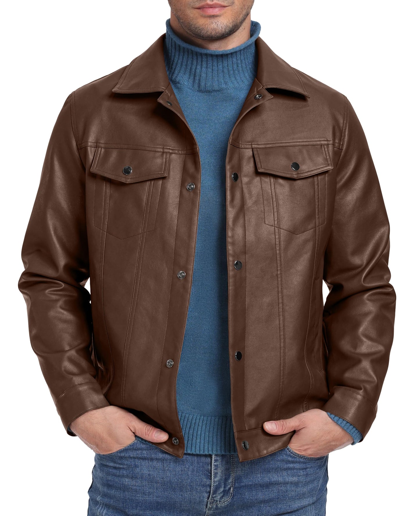 Sailwind Men's Leather Jacket Lapel Collar Motorcycle Coat Snap Button Faux Leather Bomber Jackets