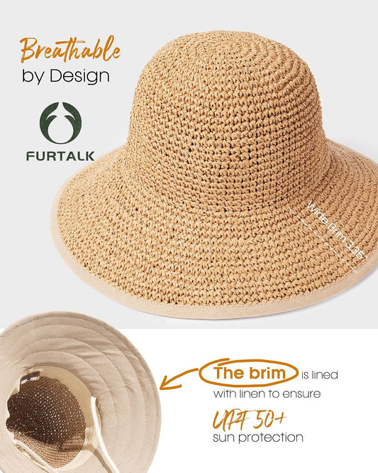 FURTALK Summer Straw Beach Sun Hats for Women UPF 50 Floppy Wide Brim Travel Bucket Hat Foldable Packable