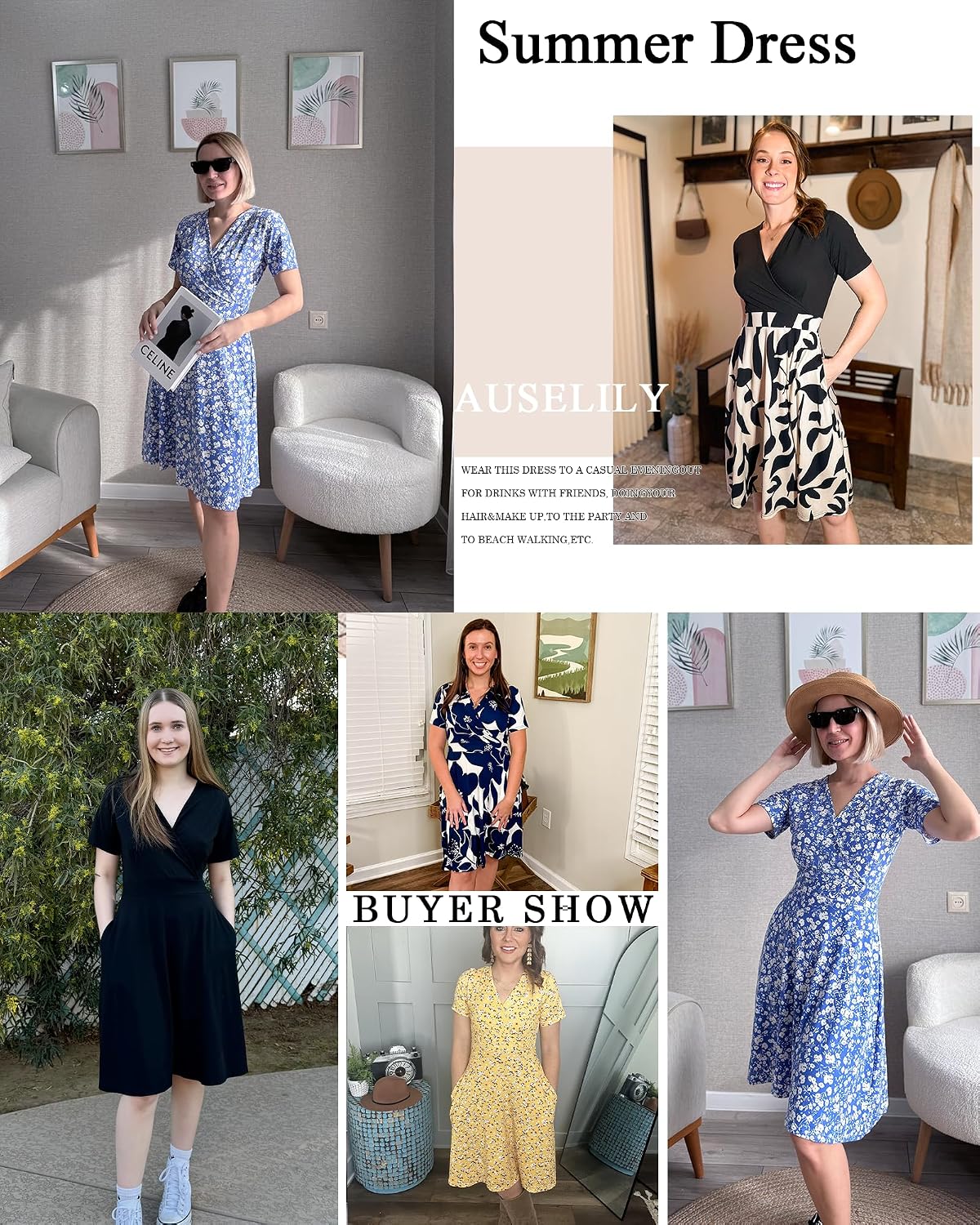AUSELILY Womens Summer Dresses 2026 Short Sleeve V Neck Floral Sundress with Pockets