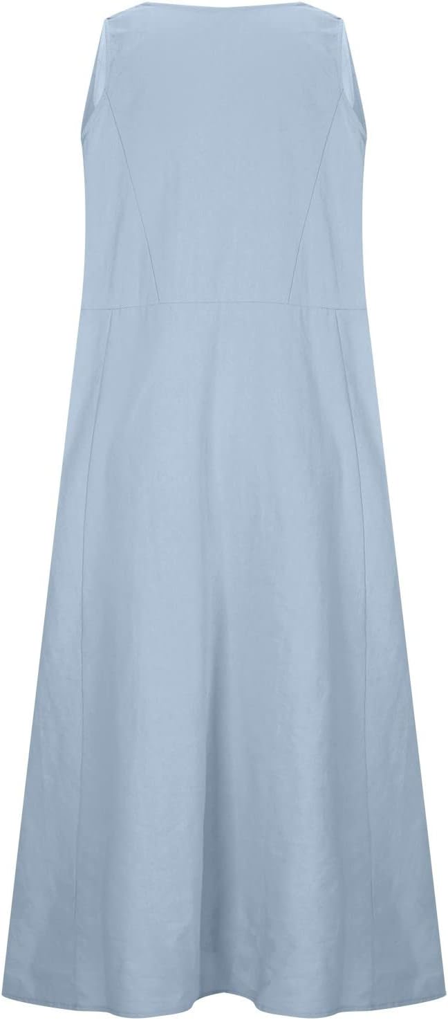 SMIDOW Cotton Dresses for Women Casual Summer 2024 Solid Beach Flowy Tshirt Sundress Sleeveless Tank Long Dress with Pockets