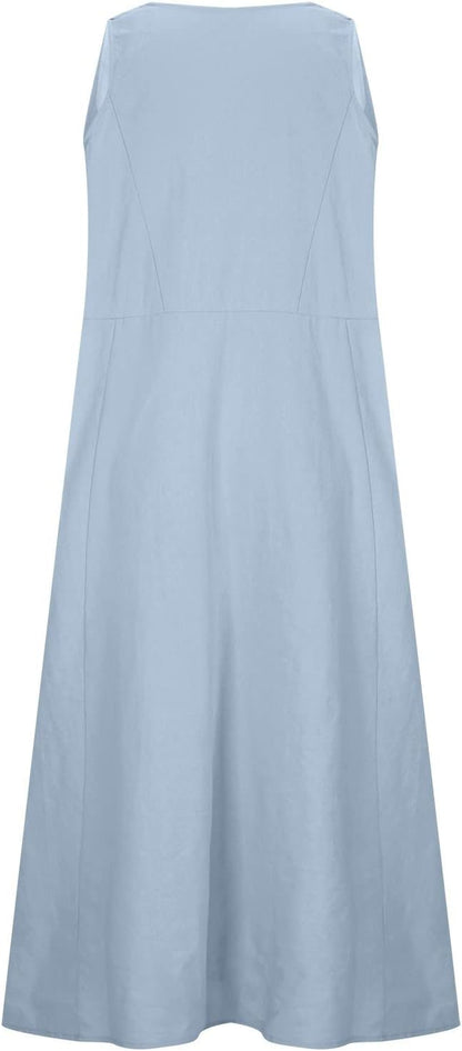 SMIDOW Cotton Dresses for Women Casual Summer 2024 Solid Beach Flowy Tshirt Sundress Sleeveless Tank Long Dress with Pockets