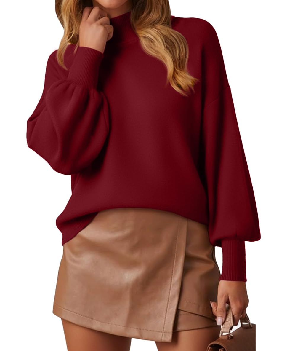 WEACZZY Women's 2026 Fall Fashion Casual Sweaters Mock Neck Long Lantern Sleeve Lightweight Knit Pullover Sweater Tops