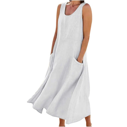 SMIDOW Cotton Dresses for Women Casual Summer 2024 Solid Beach Flowy Tshirt Sundress Sleeveless Tank Long Dress with Pockets
