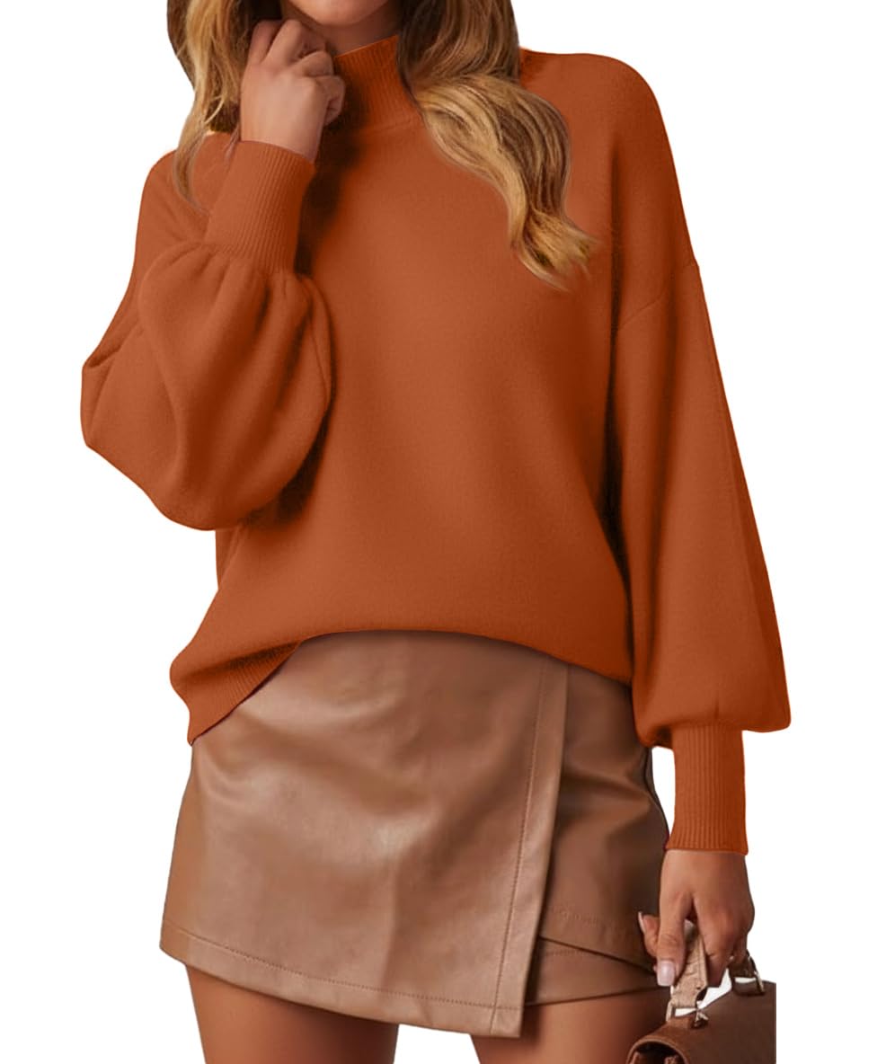 WEACZZY Women's 2026 Fall Fashion Casual Sweaters Mock Neck Long Lantern Sleeve Lightweight Knit Pullover Sweater Tops