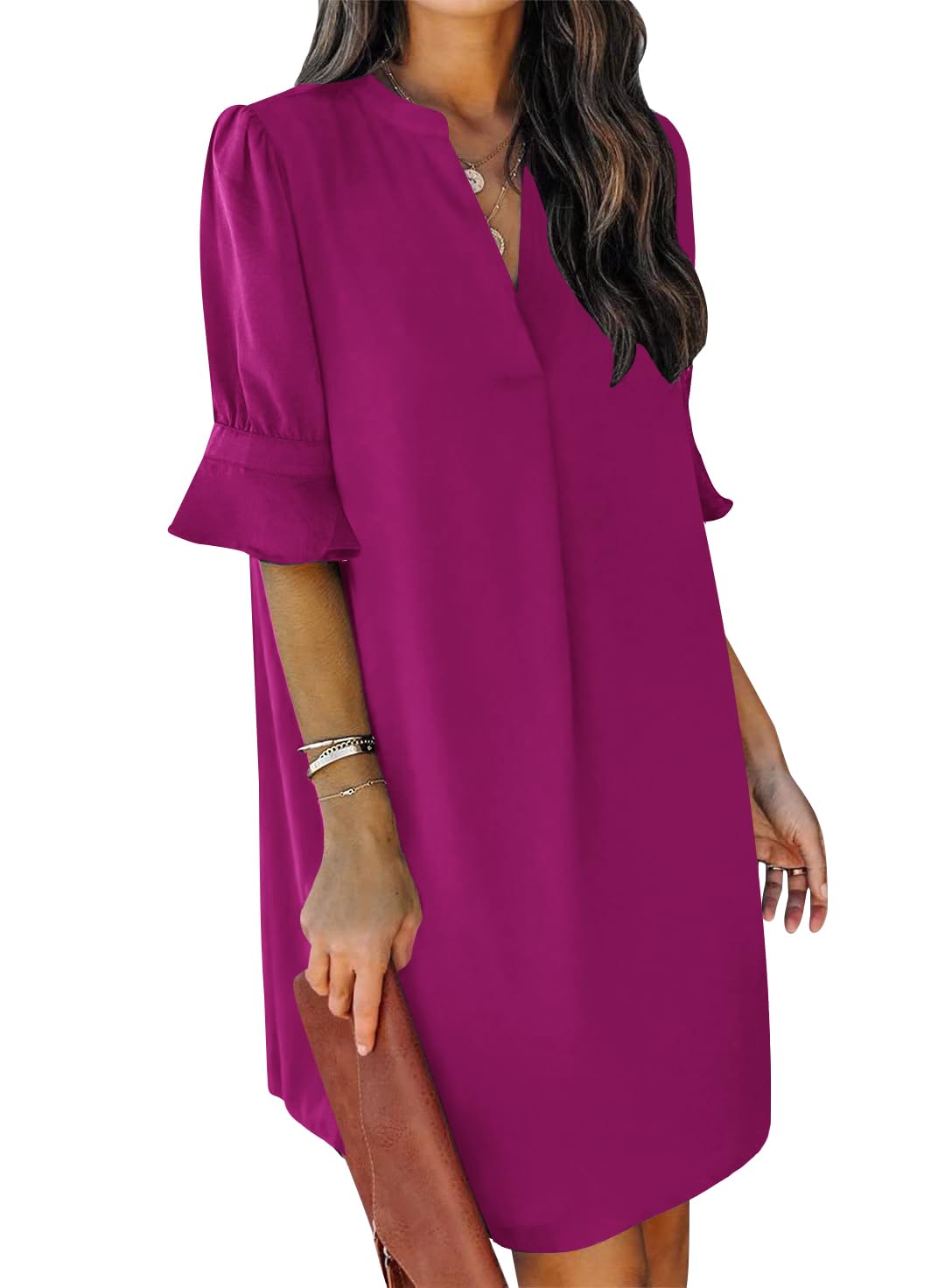QACOHU Summer Dresses for Women V Neck Ruffle Short Sleeve Casual Shift Dress