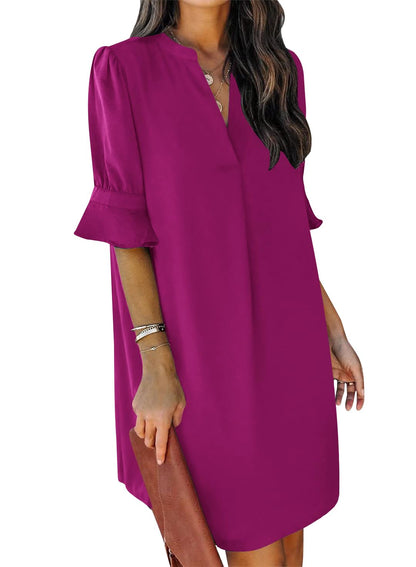 QACOHU Summer Dresses for Women V Neck Ruffle Short Sleeve Casual Shift Dress