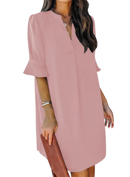 QACOHU Summer Dresses for Women V Neck Ruffle Short Sleeve Casual Shift Dress