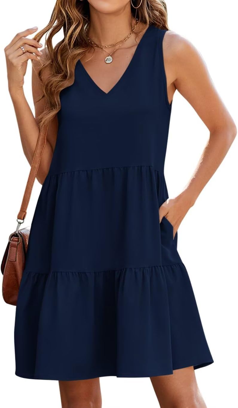 QACOHU Women's Summer Sleeveless V Neck Mini Dress with Pockets Casual Sundress Beach Dresses for Women 2026