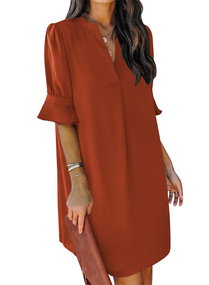 QACOHU Summer Dresses for Women V Neck Ruffle Short Sleeve Casual Shift Dress
