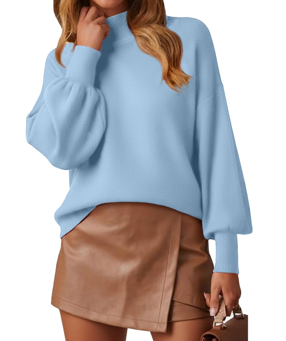WEACZZY Women's 2026 Fall Fashion Casual Sweaters Mock Neck Long Lantern Sleeve Lightweight Knit Pullover Sweater Tops