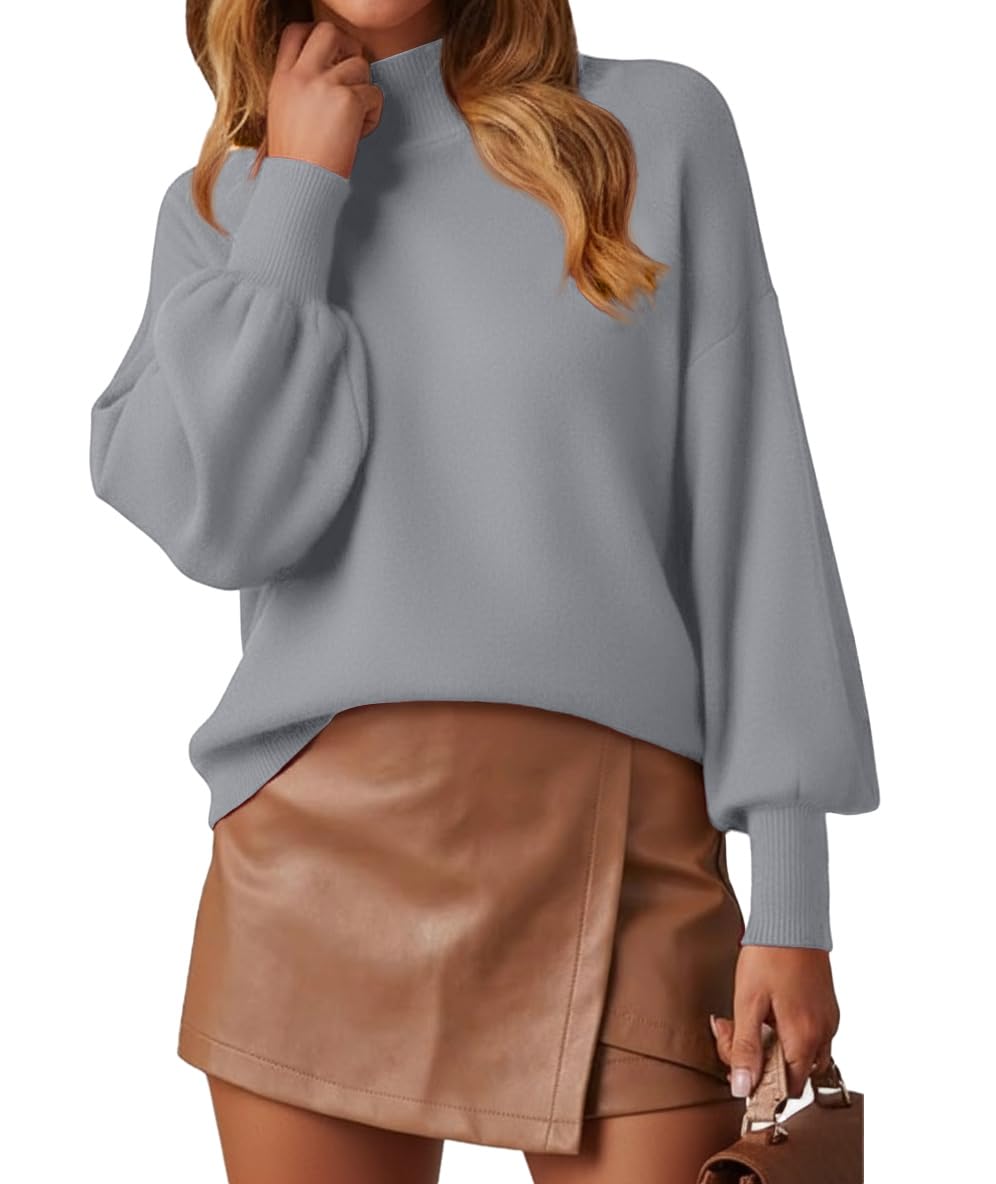 WEACZZY Women's 2026 Fall Fashion Casual Sweaters Mock Neck Long Lantern Sleeve Lightweight Knit Pullover Sweater Tops