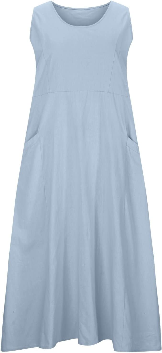 SMIDOW Cotton Dresses for Women Casual Summer 2024 Solid Beach Flowy Tshirt Sundress Sleeveless Tank Long Dress with Pockets